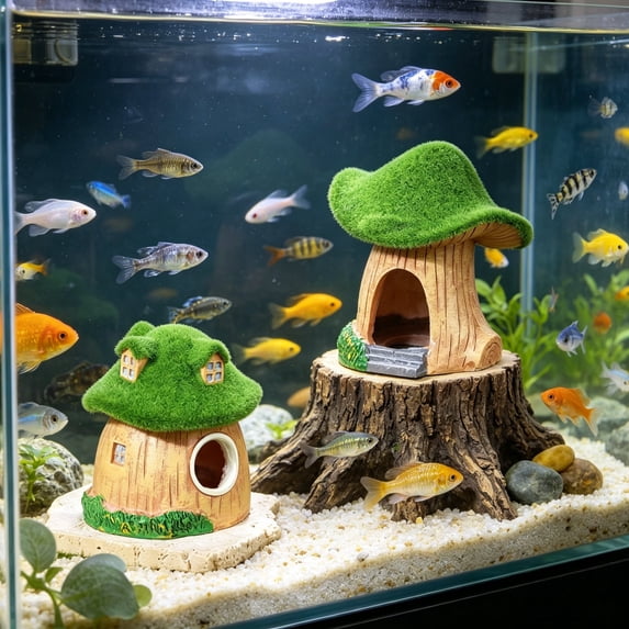 Artificial Moss Mushroom House Aquarium Ornament, Resin Fish Tank Decor with Hiding Cave, Realistic Fairy Tale Cottage Design for Shrimp and Fish, Safe for Freshwater and Saltwater Tanks