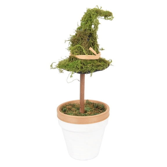 Artificial Moss Witch Hat Topiary Tree, Halloween Decorative Moss Bonsai, Halloween Desktop Ornament, Mini Moss Wizard Hat Potted Plant, Rustic Farmhouse Halloween Tabletop Greenery Decor