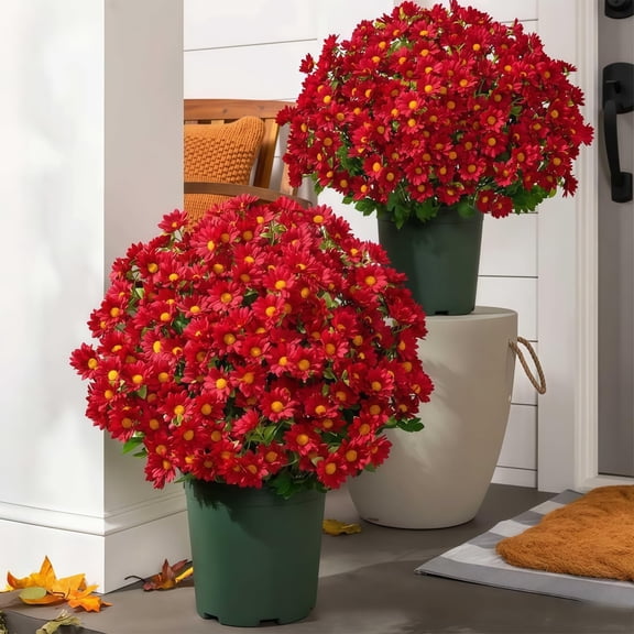 Artificial Mum Flowers for Outdoors, 12 Inch 5 Bouquets 21 Heads Faux Chrysanthemum Bouquets with Ground Stakes, UV Resistant Realistic Floral Decor for Yard, Planter & Home