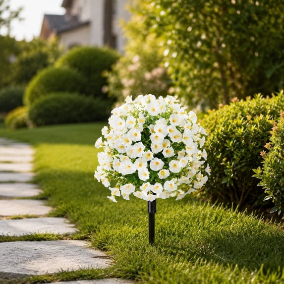 Artificial Mum Topiary Outdoor Decoration with Ground Stake, Waterproof Plastic for Porch Yard Patio Fall Decor White