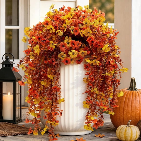 Artificial Mums for Outdoor Fall Decor, Faux Fake Hanging Flowers Set of 2, Fake Hanging Flowers for Outdoor Planters, UV Resistan Realistic Daisy Fake Mums Plant for Indoor Home Porch