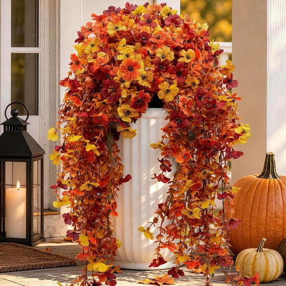 Artificial Mums for Outdoor Fall Decor, Faux Fake Hanging Flowers Set of 2, Fake Hanging Flowers for Outdoor Planters, UV Resistan Realistic Daisy Fake Mums Plant for Indoor Home Porch