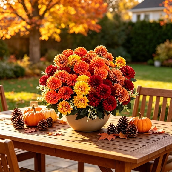 Artificial Mums for Outdoor Fall Decoration, Set of 12 Bundles Realistic UV Resistant Fake Mums Flowers, Faux Fall Plants for Planter, Patio, Porch, Yard, Thanksgiving Decor