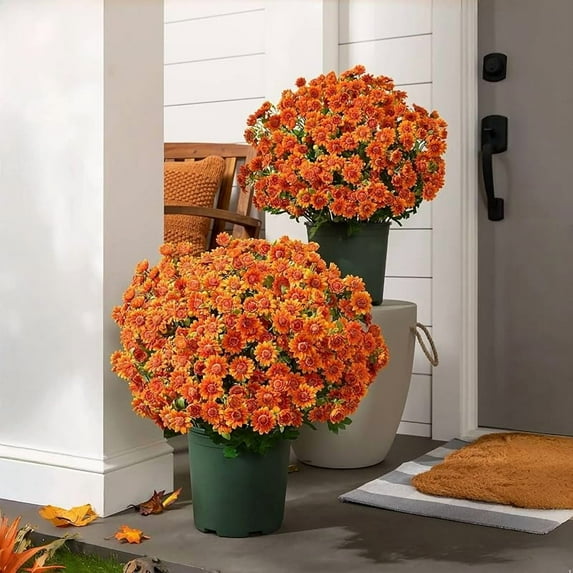 Artificial Mums for Outdoors Fall, Artificial Mums That Look Real, Mum in Pot, Artificials Mum Flowers - UV Resistant,Waterproof Windproof (10 Bundle of Orange)