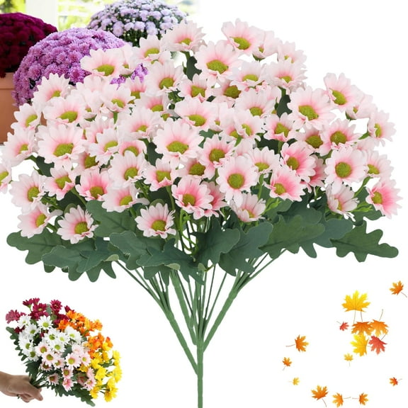 Artificial Mums for Outdoors Fall, Artificial Mums That Look Real, Mum in Pot, Artificials Mum Flowers - UV Resistant,Waterproof Windproof (5 Bundle of Pink)