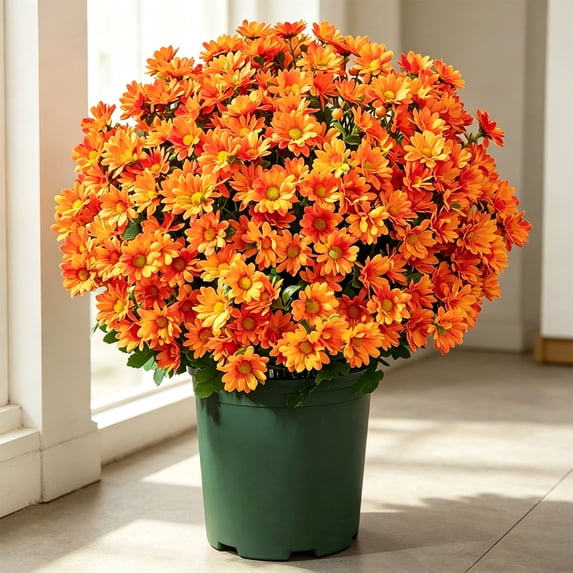 Faux Mums for Outdoor Planters 5 Bundles Artificial Sunset Chrysanthemum Outside Porch Garden Autumn Flowers Decor No Fade Fall Flower Fake Fall Plants Orange