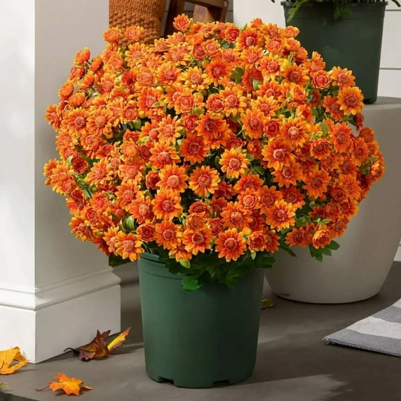 Artificial Mums for Outdoors, Mums Artificial Flowers, 5 Bundle Artificial Sunset Mums, Outdoor Sunset Mums Flowers, Fake Fall Flower Daisy With Eucalyptus, Look Real, Full, Vibrant