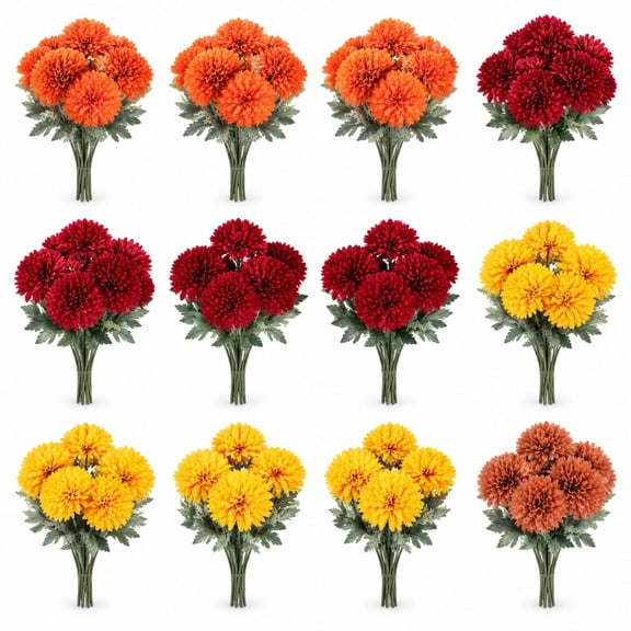 Artificial Mums, UV Resistant Silk and Plastic Fall Flowers, 12 Bundles Multi-color, for Outdoor Planters, Patio, Porch, and Indoor Decor