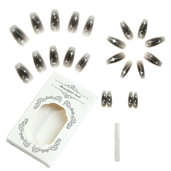 Artificial Nails Long Press On Nails Black Gradient False Nails with Star