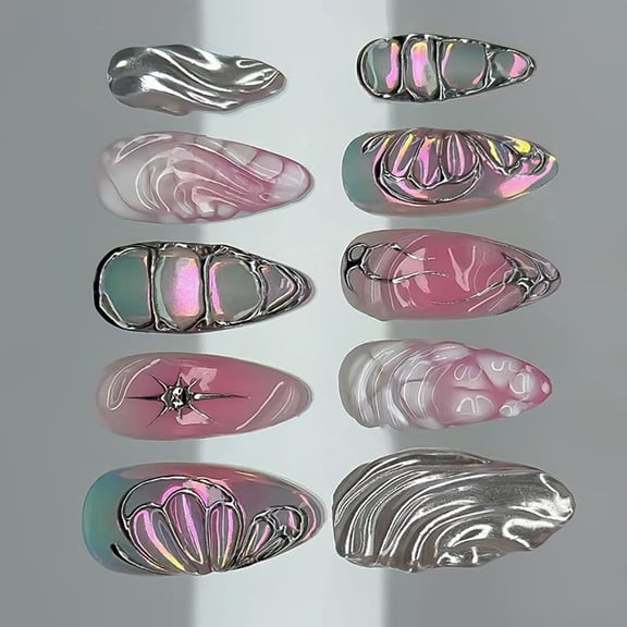 Artificial Nails Set of 24 with Texture Silver Frozens Butterfly Pearls Shining Finish for Party Glamours