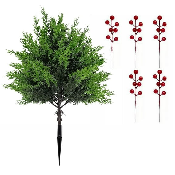 Artificial Norfolk Christmas Topiary Ball Trees with Red Berries, 18.11 inch Christmas Topiary Outdoor Pine Trees, Artificial Urn Filler Porch Decor, Evergreen Shrubs Bushes Plants with Ground Spike