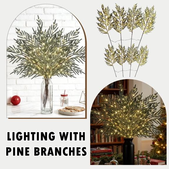 Artificial Norfolk Pine Branches, 37.40 Inch LED Lighted Pine Stems, Battery Operated Soft Rubber Pine Sprigs, Twinkle Greenery Branches for Vase Fillers, Wreath, Christmas Indoor Home Decor, 4Pcs