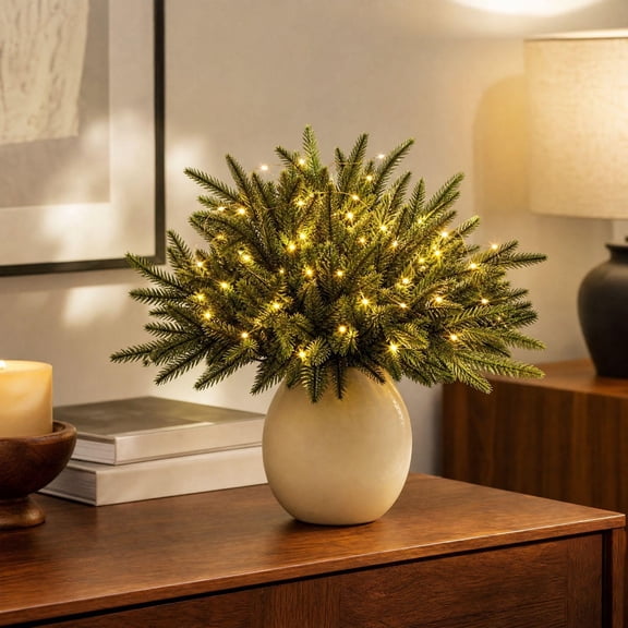 Artificial Norfolk Pine Branches (5 Pack), Faux Pine Needle Greenery Stems for DIY Christmas Vase Filler and Holiday Home Decor