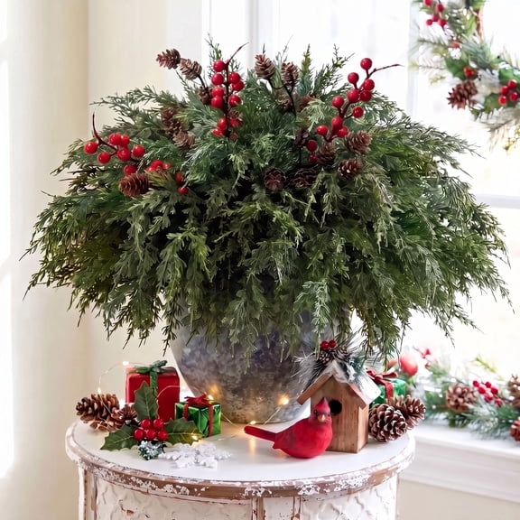 Scidweet 20Pcs Real Touch Artificial Norfolk Pine Branches with Pinecones Red Berries, 19" Faux Fake Christmas Norfolk Pine Stems for Vase DIY Crafts Xmas Wreath Fireplace Indoor Outdoor Decor