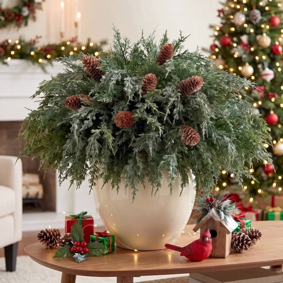 Scidweet 20Pcs Real Touch Artificial Norfolk Pine Branches with Pinecones Red Berries, 19" Faux Fake Christmas Norfolk Pine Stems for Vase DIY Crafts Xmas Wreath Fireplace Indoor Outdoor Decor