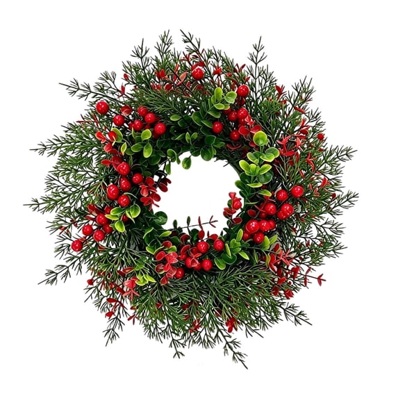 Artificial Norfolk Pine Christmas Wreath,15.7 Inch Front Door Greenery Wreath with Eucalyptus Leaves, Red Berries, Hanging Wreath for Wall, Window, Indoor Outdoor Winter Holiday Decor,1Pc