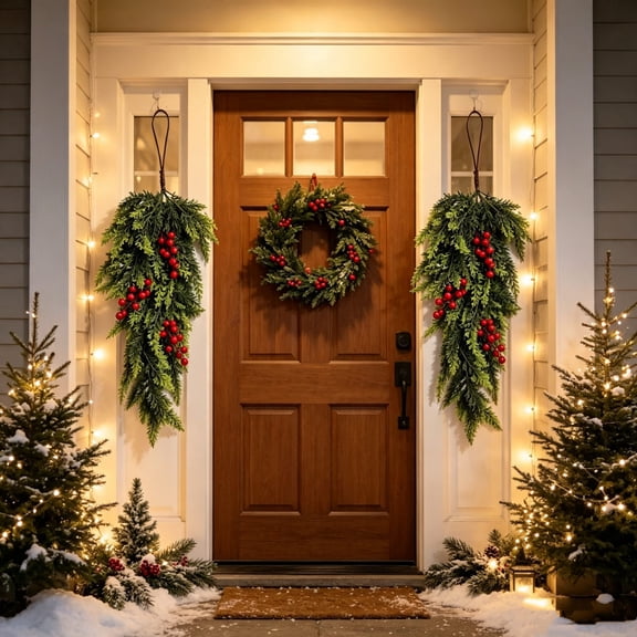 Artificial Norfolk Pine Wall Hanging Christmas Greenery Swag Faux Cedar Branch Decoration for Fireplace Front Door Wall Photo Backdrop Hotel Holiday Display 27.55 inch B