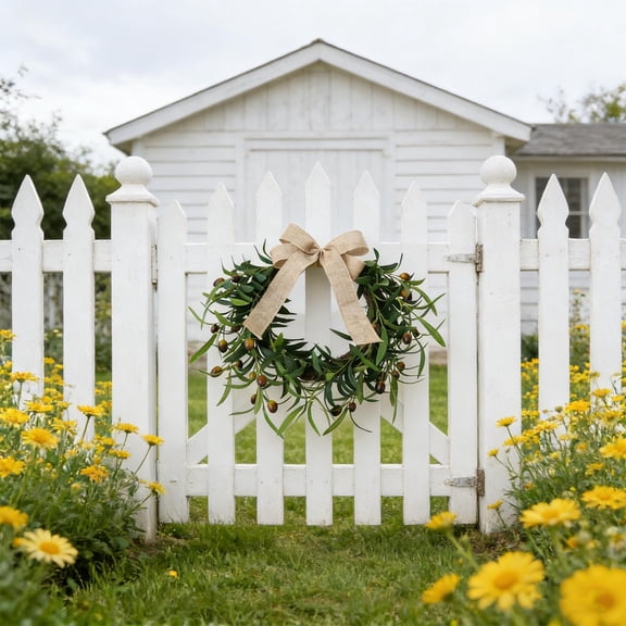 Artificial Olive Branch Wreath A Green Wreath,Faux Greenery Wreath with Burlap Bow & Olives ,Farmhouse Wall Door Wedding Arch Window Hanging for Indoor Outdoor Garden Decor