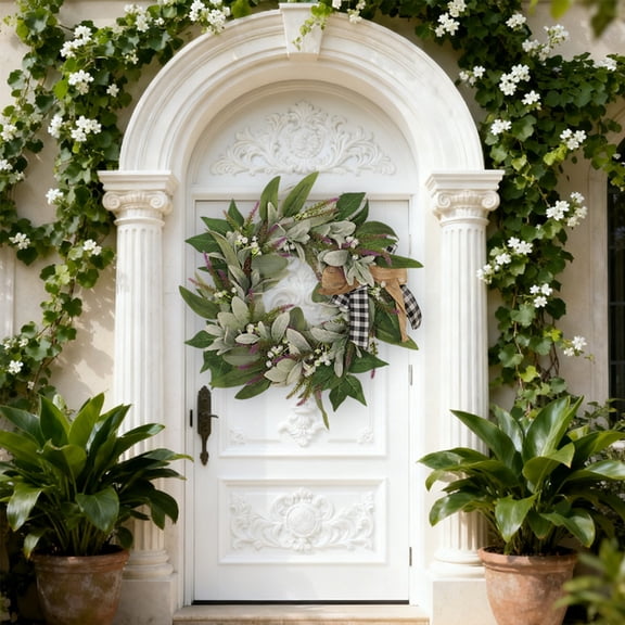 Artificial Olive Branch Wreath A Green Wreath,Light Green Artificial Rose Garland Wreath with Linen Bowknot Wall Decor ,for Wall Front Door Shopwindow Wedding and Party Decoration Photo Prop