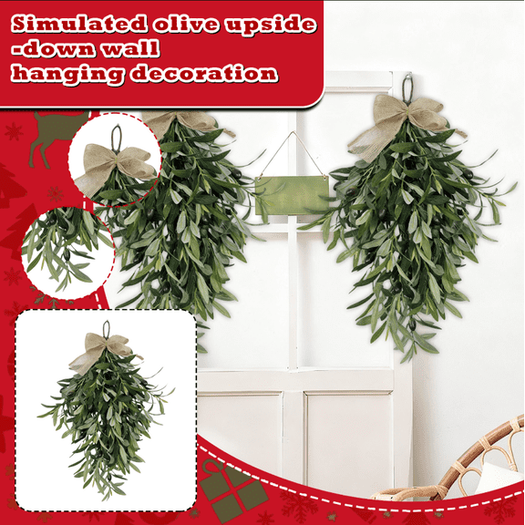 Artificial Olive Branch Wreath Teardrop Swag 24 Inch, Faux Green Hanging Pendant for Front Door, Wedding Arch, Window & Wall Decor, Year-Round Indoor/Outdoor Farmhouse Porch Decoration (Green)