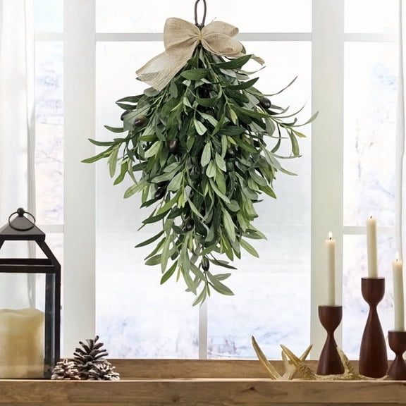 Artificial Olive Teardrop Wreath | 24 Inch Greenery Pendant | Silk Leaves & Realistic Branches | Front Door Wall Wedding Arch Mirror Indoor Outdoor Decoration | Hanging Floral Décor