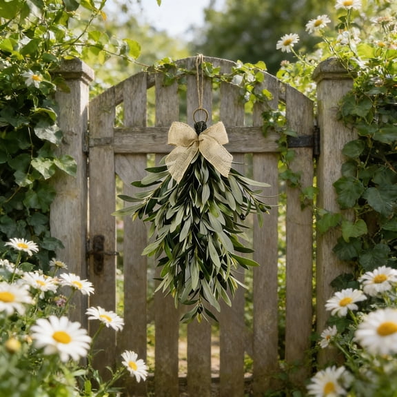 Artificial Olive Teardrop Wreath, Year Round Greenery Door Wreath with Burlap Bow, For Front Door Wall Indoor Outdoor Decor