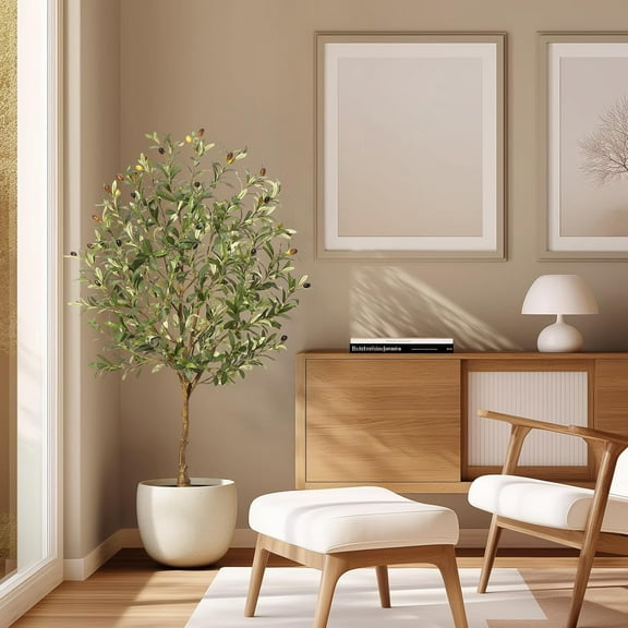 Artificial Olive Tree 4/5/6/7 FT, Tall Fake Olive Trees with Realistic Trunk, Leaves, Fruits, Fake Olive Trees Potted Topiary Tree with Dried Moss for Home Office Living Room Bedroom Stairs Foyer Deco