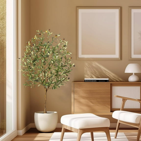 Artificial Olive Tree 4FT, Tall Fake Olive Trees with Realistic Trunk, Leaves, Fruits, Fake Olive Trees Potted Topiary Tree with Dried Moss for Home Office Living Room Bedroom Stairs Foyer Decor