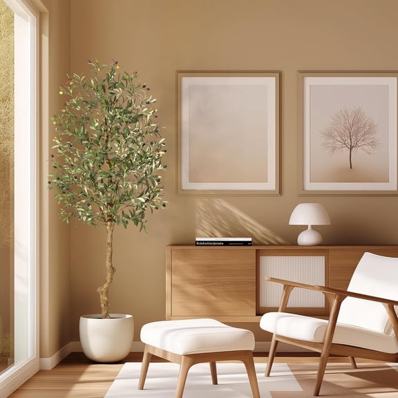 Artificial Olive Tree 6FT, Tall Fake Olive Trees with Realistic Trunk, Leaves, Fruits, Fake Olive Trees Potted Topiary Tree with Dried Moss for Home Office Living Room Bedroom Stairs Foyer Decor