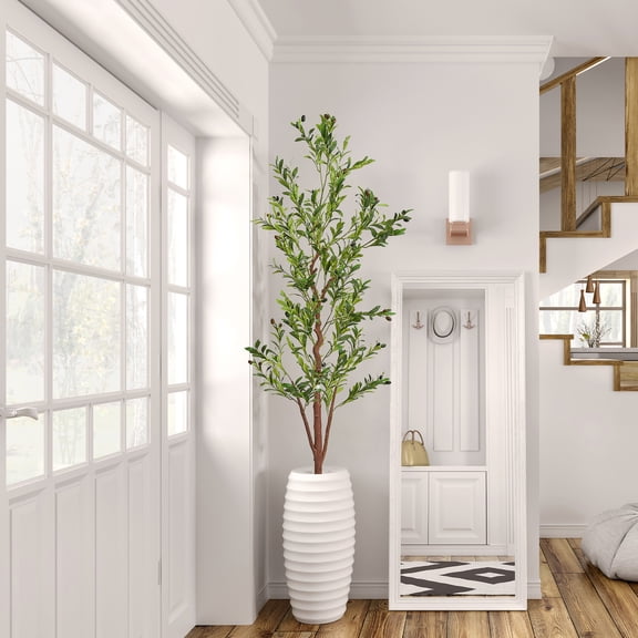 Artificial Olive Tree 7 FT, Olive Fruits Artificial Tree, Faux Fake Olive Tree with Realistic Leaves and Fruits and Natural Wood Trunk for Modern Home Office Living Room Decor Indoor