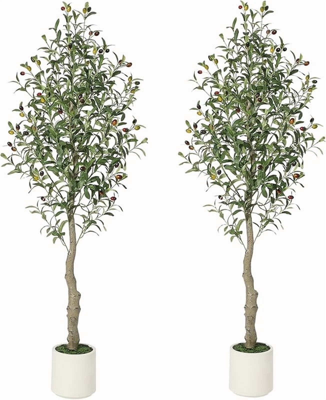Artificial Olive Tree 7FT Tall Faux Olive Tree Indoor Fake Silk Plant with Realistic Trunk, Leaves, Fruits and White Planter, Faux Potted Tree for Home Decor and Housewarming Gift, 2 Pack