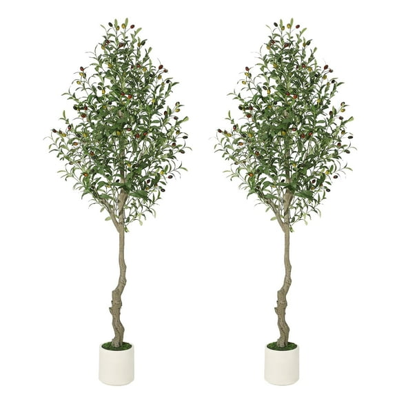 Artificial Olive Tree, Faux Olive Tree Indoor Fake Silk Plant with Realistic Trunk, Leaves, Fruits and White Planter, Faux Potted Tree for Home Decor and Housewarming Gift, 1Pack/2Pack