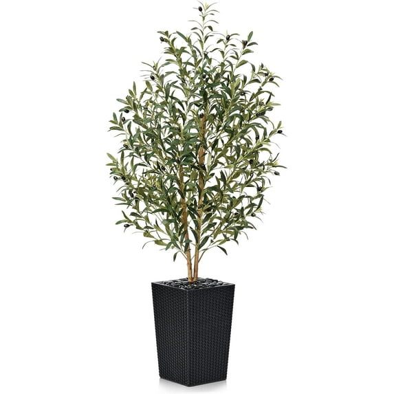Artificial Olive Tree - Faux Olive Trees with Natural Wood Trunk, Silk Leaves, Planter & Pebbles, UV Resistant Fake for Home/Office/Outdoor Decor