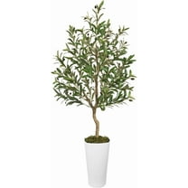 Artificial Olive Tree Indoor 5FT Tall Fake Olive Tree with Natural Wood Trunk and Lifelike Fruits Faux Olive  for Home Office Decor - with White Planter and Fake Moss