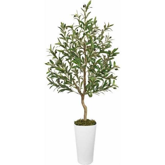 Artificial Olive Tree Indoor 5FT Tall Fake Olive Tree with Natural Wood Trunk and Lifelike Fruits Faux Olive  for Home Office Decor - with White Planter and Fake Moss