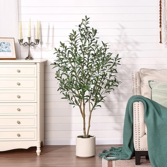 Artificial Olive Tree Indoor - 5FT Tall Fake Tree with Remote LED Spotlights, Cylinder Round White Planter - for Office Living Room Floor Display, VN214