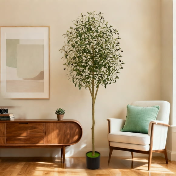 GARITIN Artificial Olive Tree Indoor, 6 ft Tall Faux Olive Tree with Natural Trunk, Lifelike Fruits and Leaves, Fake Olive Tree, Artificial Plants for Home Office Decor