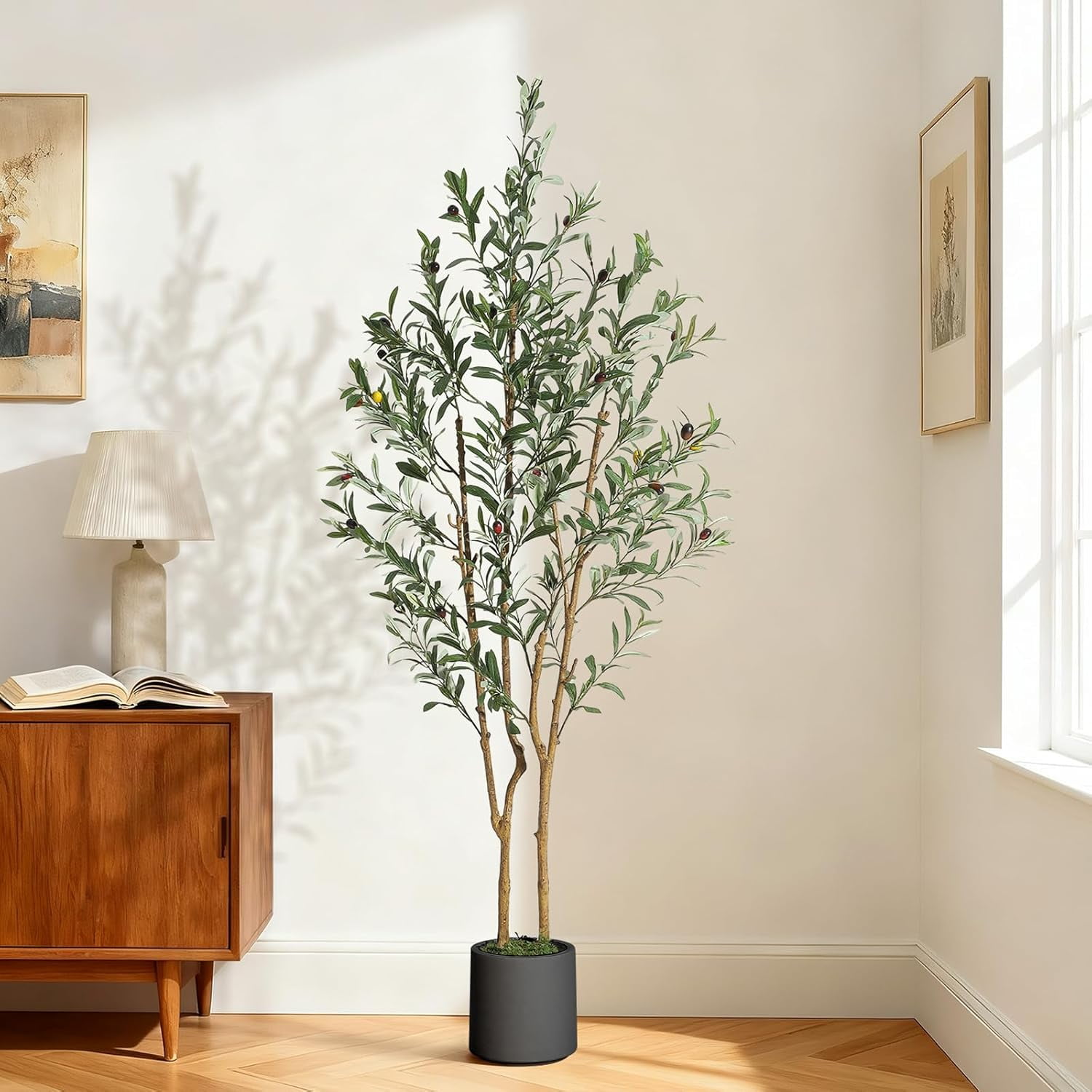 Artificial Olive Tree for Indoor Decor, Faux Olive Plant with Natural Wood Trunk, Planter & Green Moss, Lifelike Fake Tree for Home or Office Display