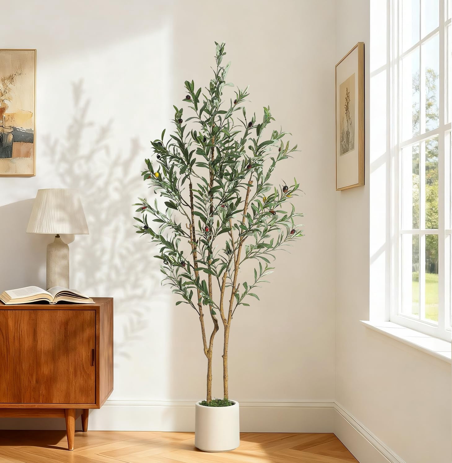 Artificial Olive Tree for Indoor Decor, Faux Olive Plant with Natural Wood Trunk, Planter & Green Moss, Lifelike Fake Tree for Home or Office Display