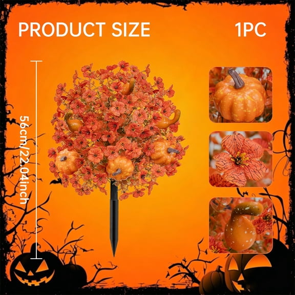 Artificial Orange Pumpkin Topiary Tree 22in with Stakes, Fall Eucalyptus Foliage Design, Outdoor Decor Stake for Porch, Garden, Pathway, Halloween Thanksgiving
