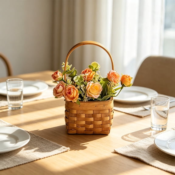 Artificial Orange Rose Arrangement in Basket 9 in, Faux Flower Basket Desktop Floral Accent Decor Supply Feature Element Item Centerpiece Display for Home Dining Table.