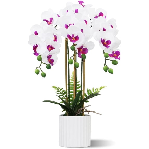 Artificial Orchid Flower in Grey Pot, Faux Pink Orchid Real Touch Fake Phalaenopsis Bonsai for Office Home Wedding Party Indoor Decor (Pink 1)