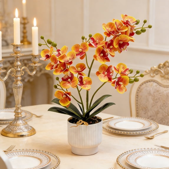 Artificial Orchid Flower in Pot,Fake Orchid with Plastic Vase,Lifelike Faux Potted Blooms,Silk Flowers Indoor Decor for Home Table Centerpiece
