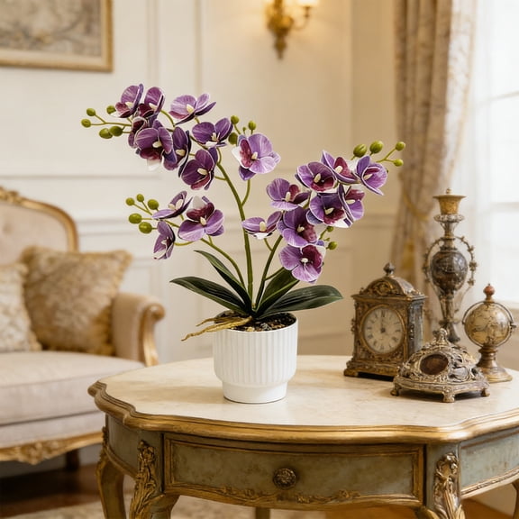 Artificial Orchid Potted | Fake Silk Flower Bonsai Tree | Home Office Desk Decor for Dining Table Centerpiece or Living Room