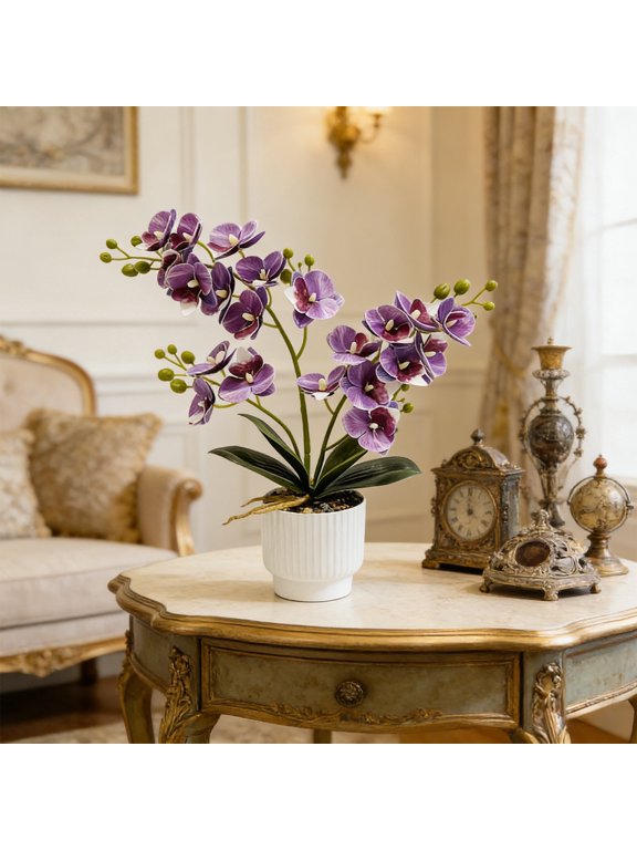 Artificial Orchid Potted Plants, Usupdd Realistic Fake Orchid Bonsai with Ceramic Pot, Lifelike Faux Orchid for Home Office Dining Table Desk Decoration, Purple