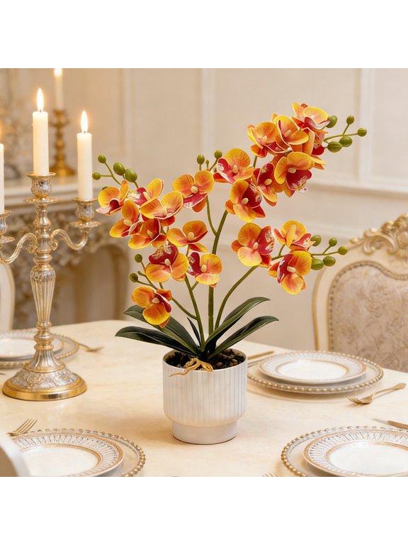 Artificial Orchid Potted Plants, Usupdd Realistic Fake Orchid Bonsai with Ceramic Pot, Lifelike Faux Orchid for Home Office Dining Table Desk Decoration, Yellow