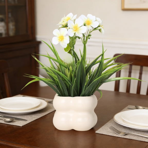 Artificial Orchid in Ceramic Pot 9.5x3.5 Inch Faux Flower Arrangement for Living Room Desktop Entryway Shelf Home Office Decor