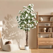 Artificial Osmanthus Tree, 6 ft Faux Osmanthus Plant in Pot with 252 Lifelike White Flowers & Natural Wood Trunk, Fake Floor Flower Trees for Indoor Outdoor Decor