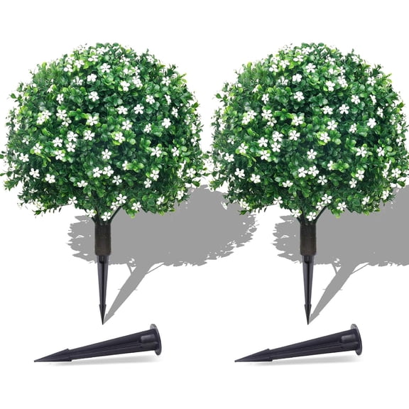 Artificial Outdoor Boxwood Ball Trees with Ground Spike Set of 2 22in Faux Shrubs for Porch Garden