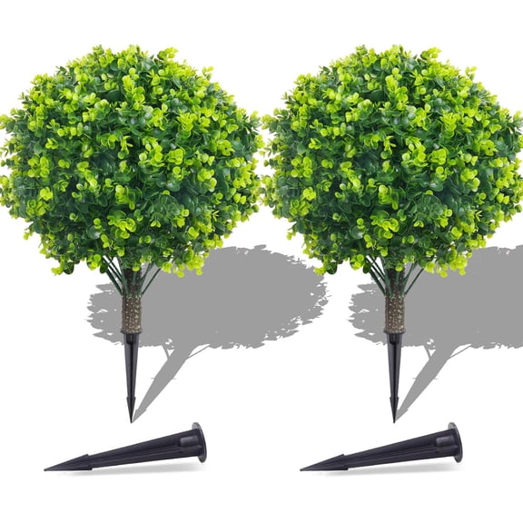 Artificial Outdoor Boxwood Ball Trees with Ground Spike Set of 2 22in Green